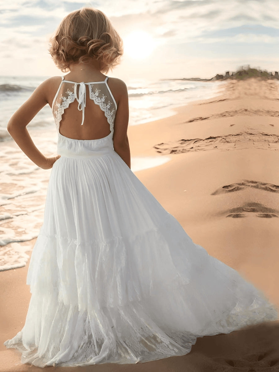 A-Line/Princess Halter Sleeveless Tiered Flower Girl Dress With Lace & Opened Back
