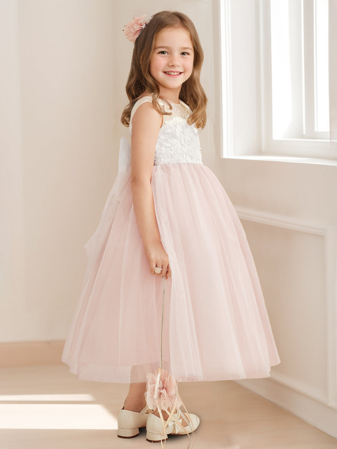 A-Line/Princess Scoop Sleeveless Tea-Length Pleated Flower Girl Dresses with 3D Flowers & Bow