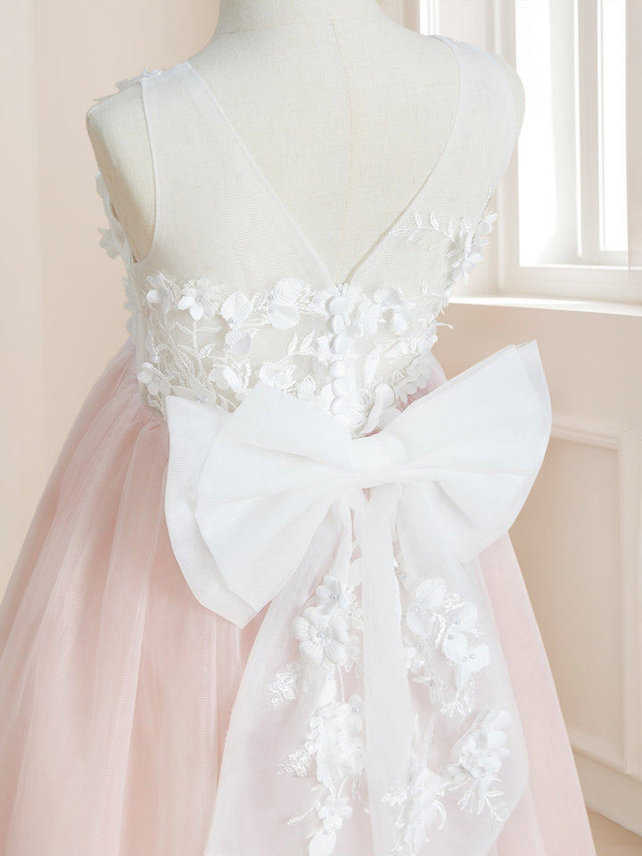 A-Line/Princess Scoop Sleeveless Tea-Length Pleated Flower Girl Dresses with 3D Flowers & Bow