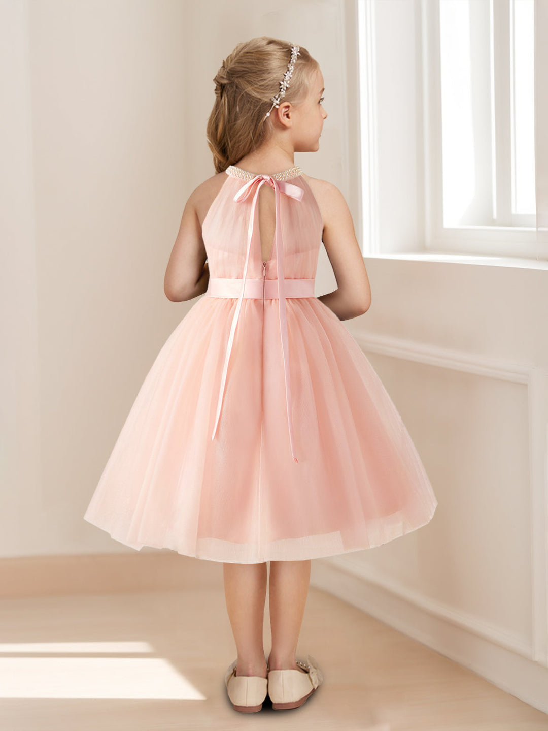 A-Line/Princess Halter Sleeveless Knee-Length Ruched Flower Girl Dresses with Sash & Pearls & Self-tie