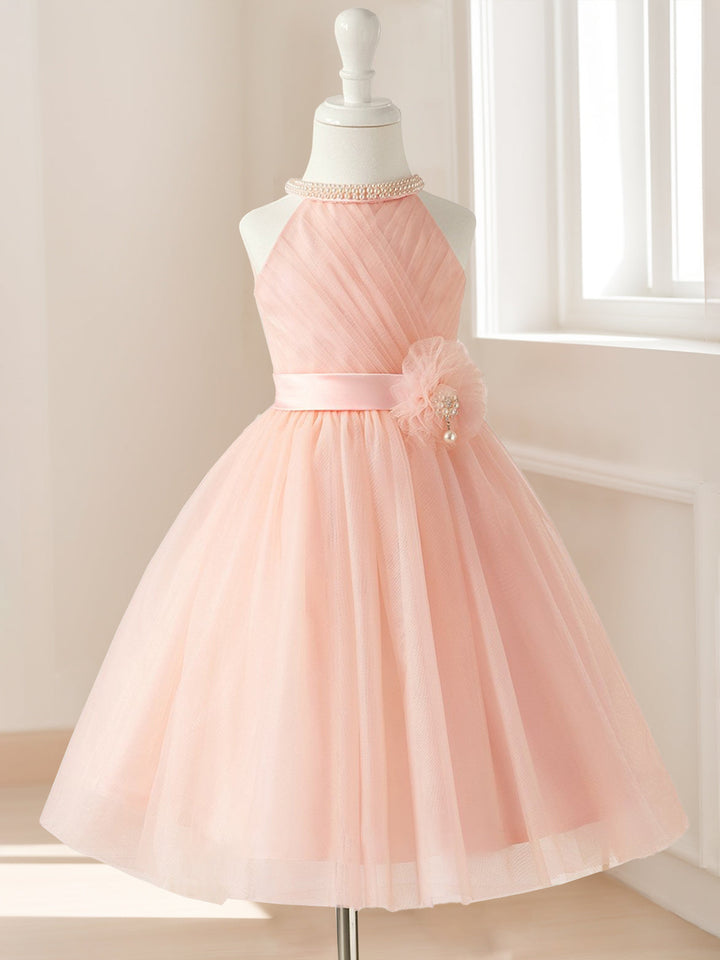 A-Line/Princess Halter Sleeveless Knee-Length Ruched Flower Girl Dresses with Sash & Pearls & Self-tie