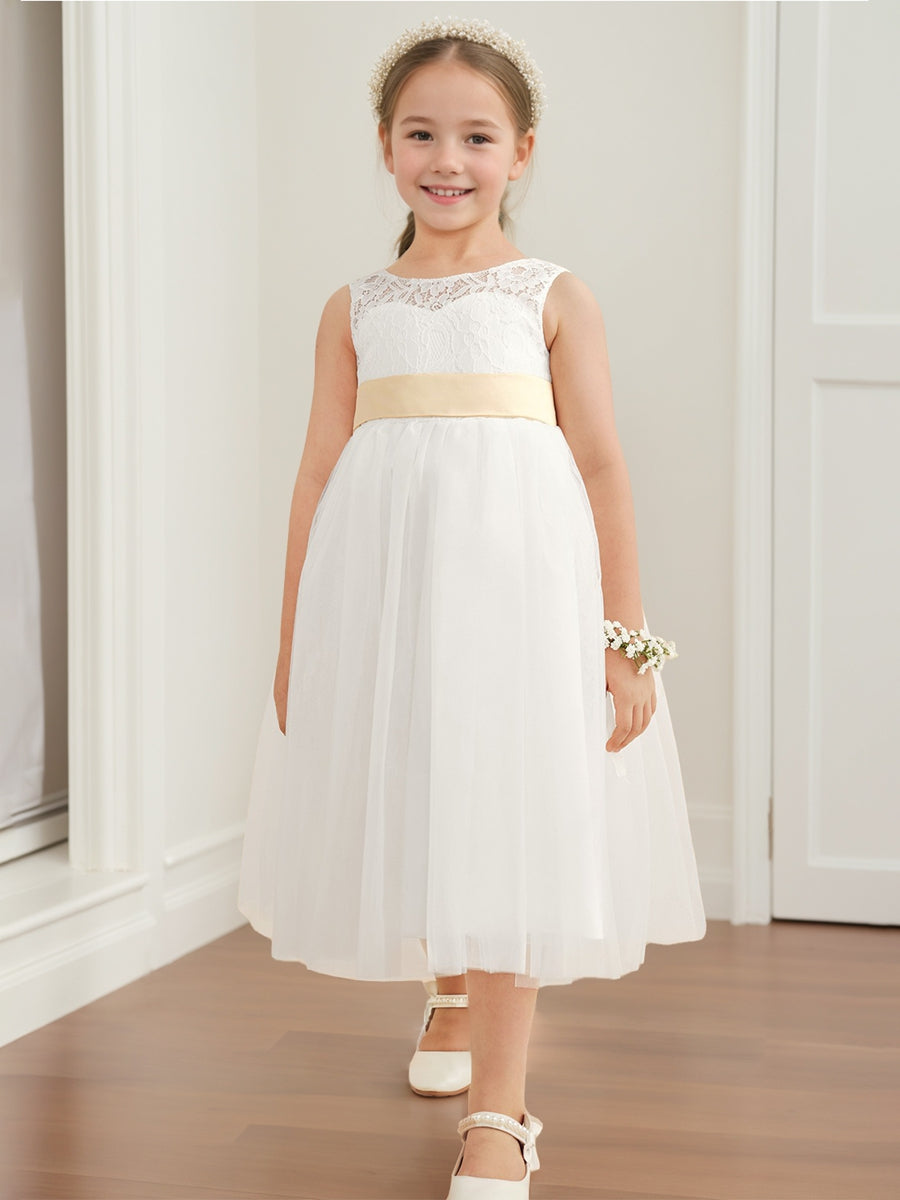 A-Line/Princess Scoop Sleeveless Tea Length Flower Girl Dress with Sash & Appliques