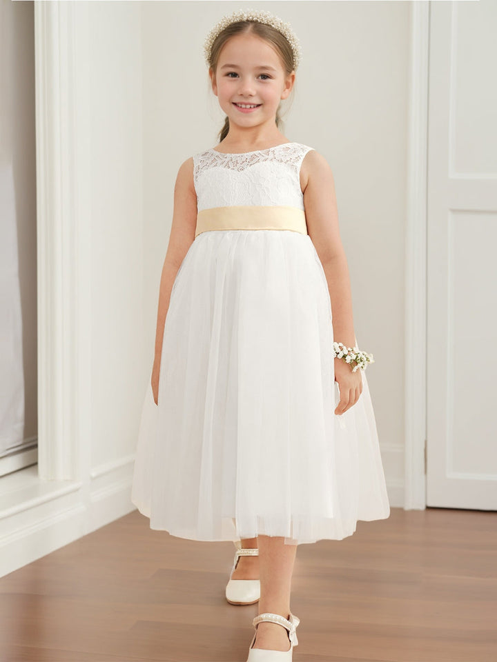 A-Line/Princess Scoop Sleeveless Tea Length Flower Girl Dress with Sash & Appliques
