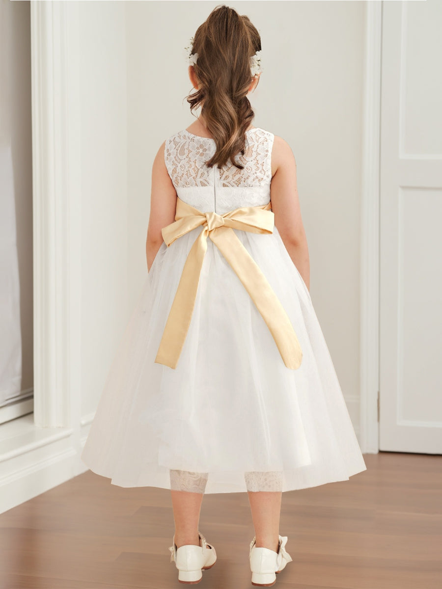 A-Line/Princess Scoop Sleeveless Tea Length Flower Girl Dress with Sash & Appliques