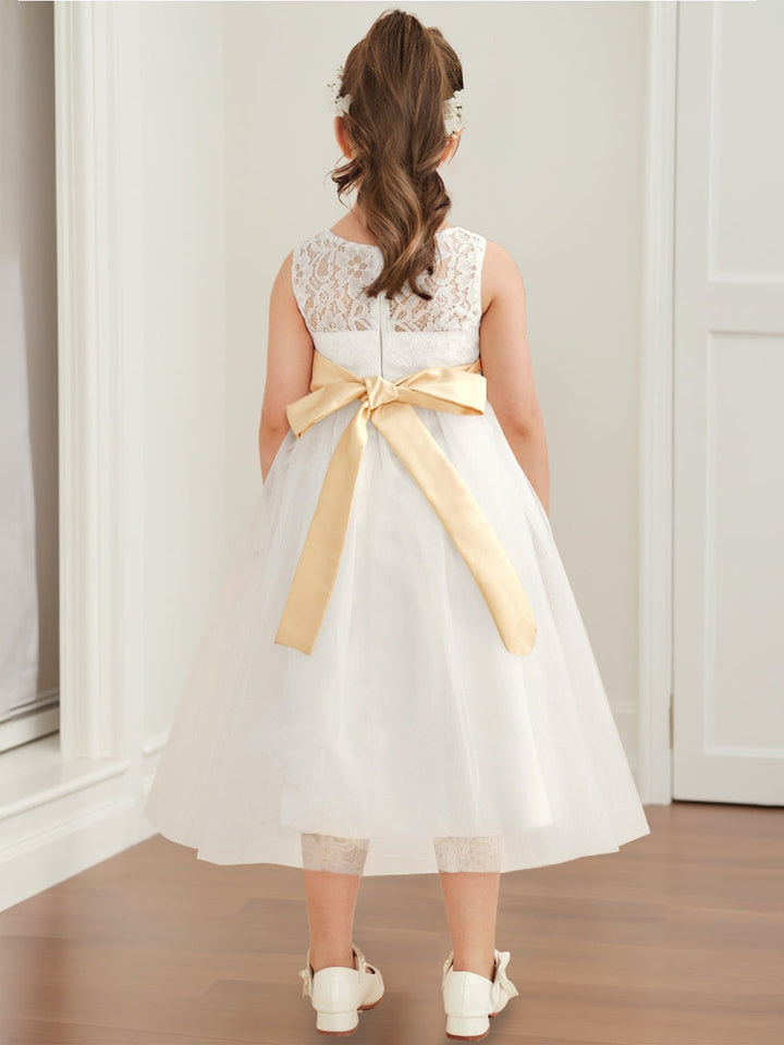 A-Line/Princess Scoop Sleeveless Tea Length Flower Girl Dress with Sash & Appliques