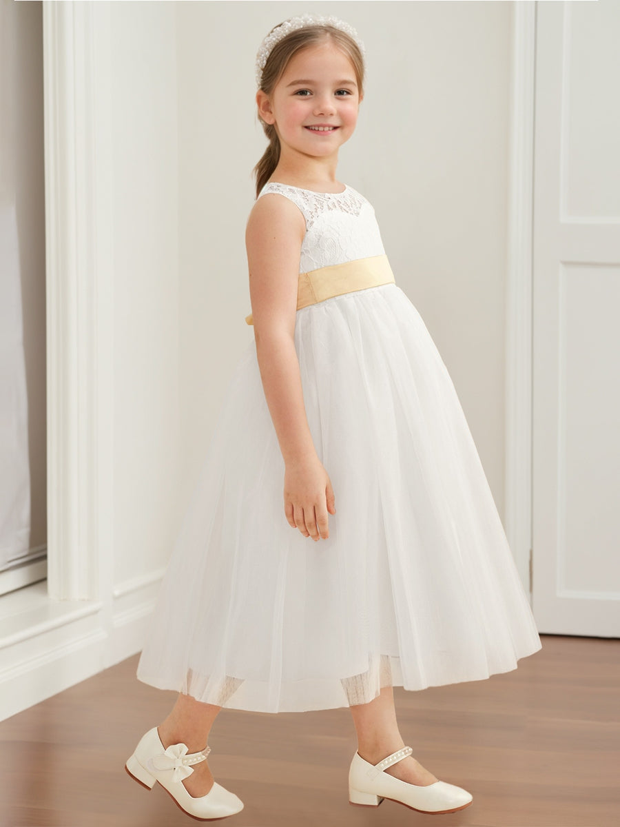 A-Line/Princess Scoop Sleeveless Tea Length Flower Girl Dress with Sash & Appliques