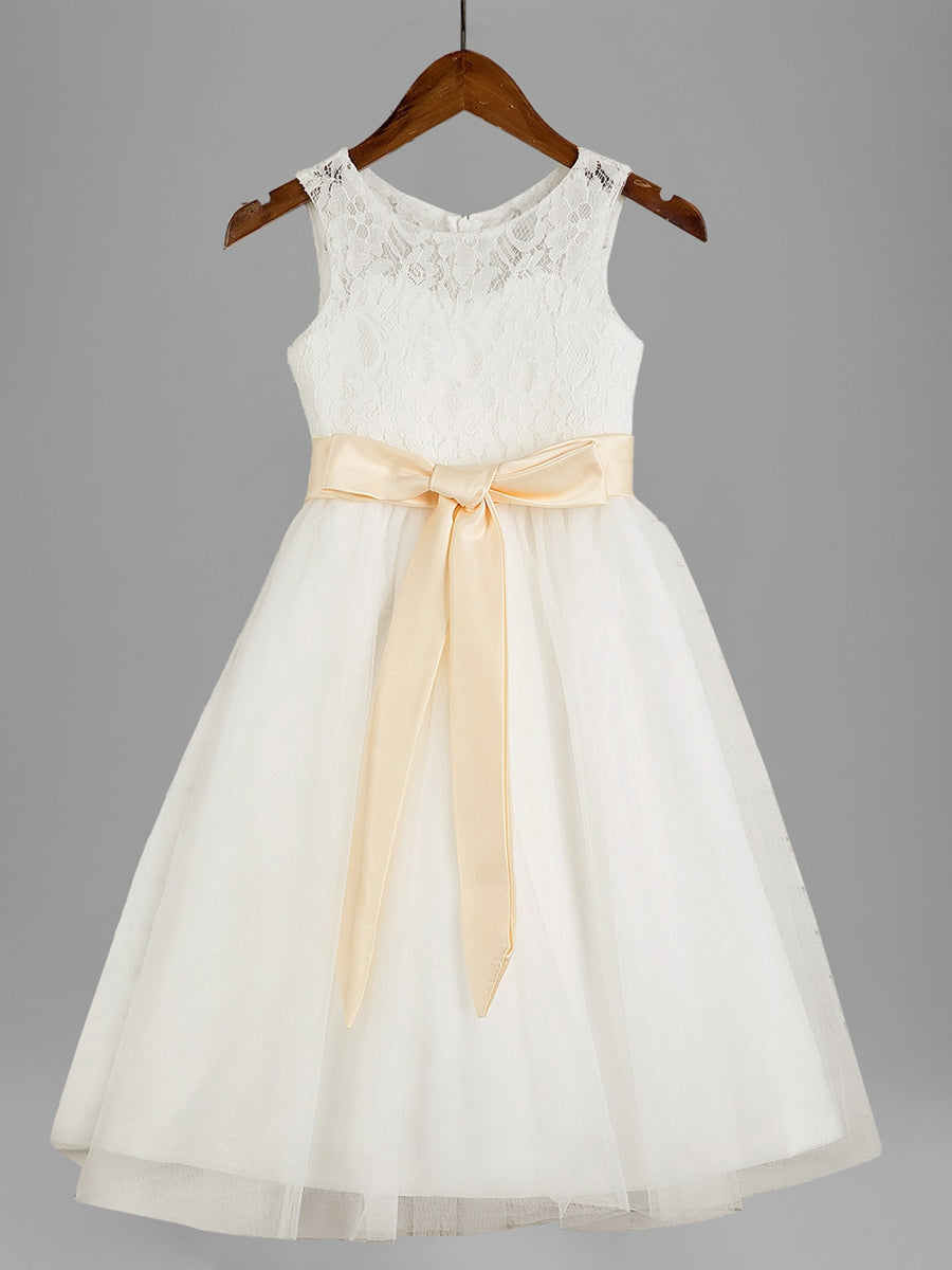 A-Line/Princess Scoop Sleeveless Tea Length Flower Girl Dress with Sash & Appliques