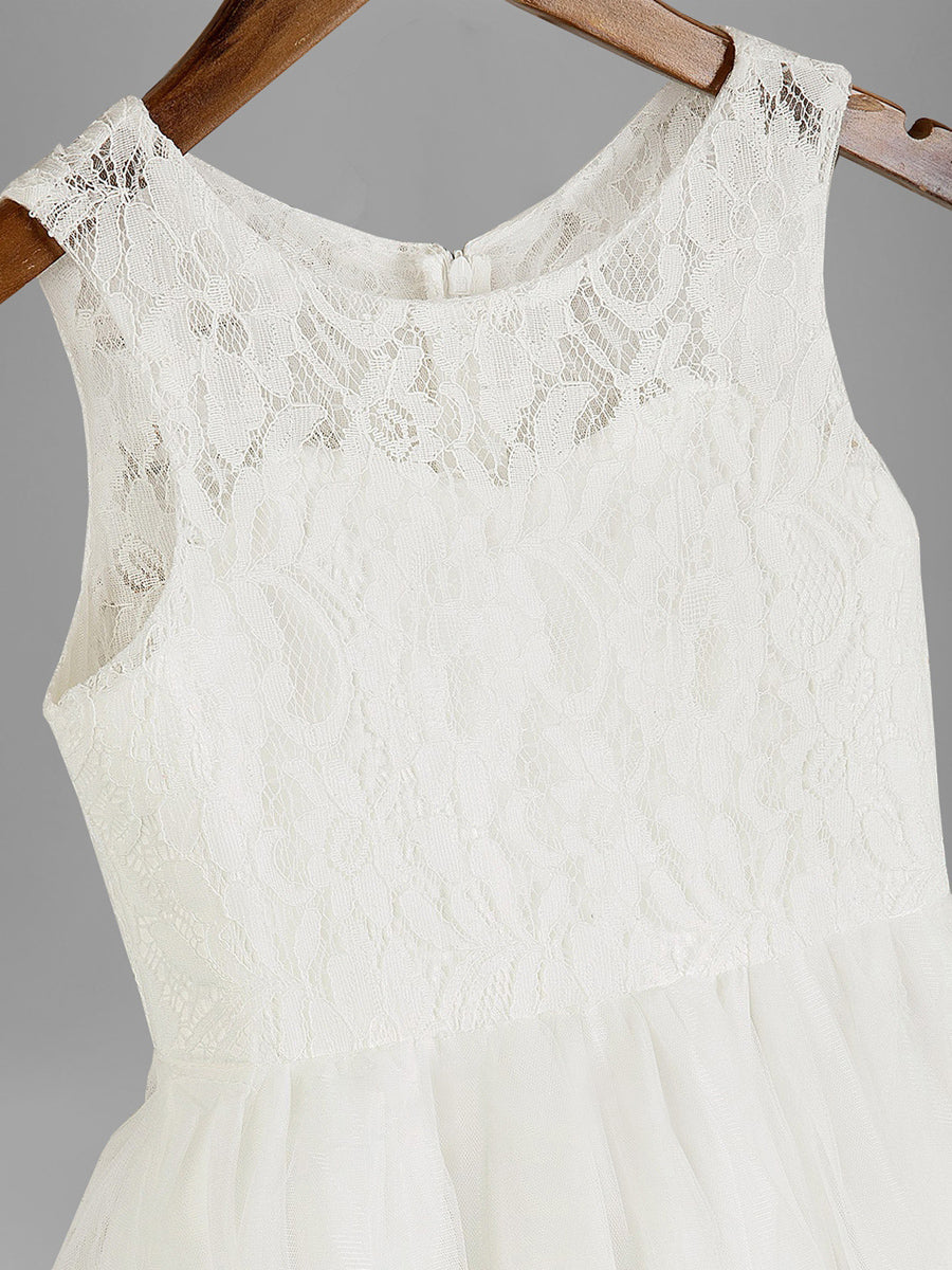 A-Line/Princess Scoop Sleeveless Tea Length Flower Girl Dress with Sash & Appliques