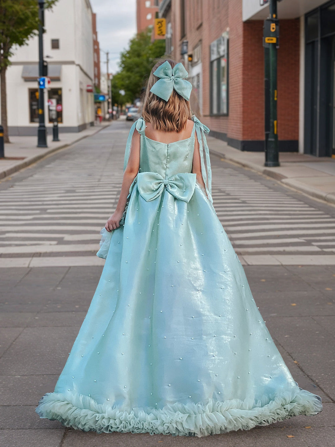 A-Line/Princess Square Neckline Sleeveless Knee-Length Pleated Birthday Girl Dresses with Bow & Pearls & Self-tie & Detachable Train