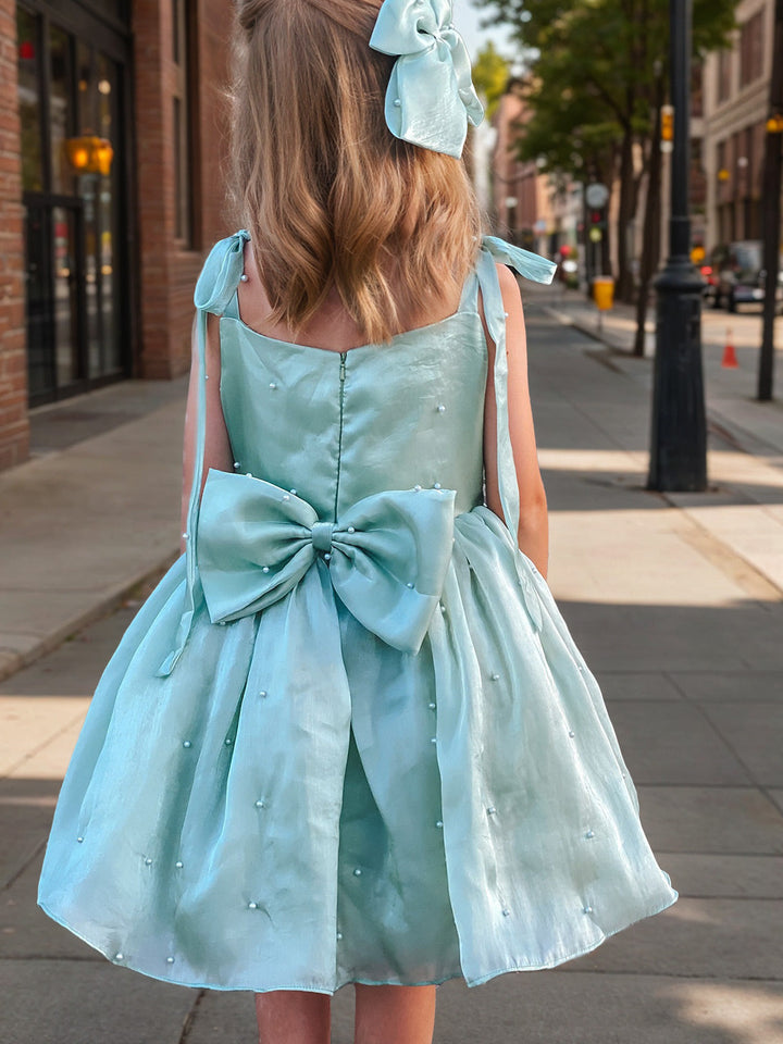 A-Line/Princess Square Neckline Sleeveless Knee-Length Pleated Birthday Girl Dresses with Bow & Pearls & Self-tie & Detachable Train