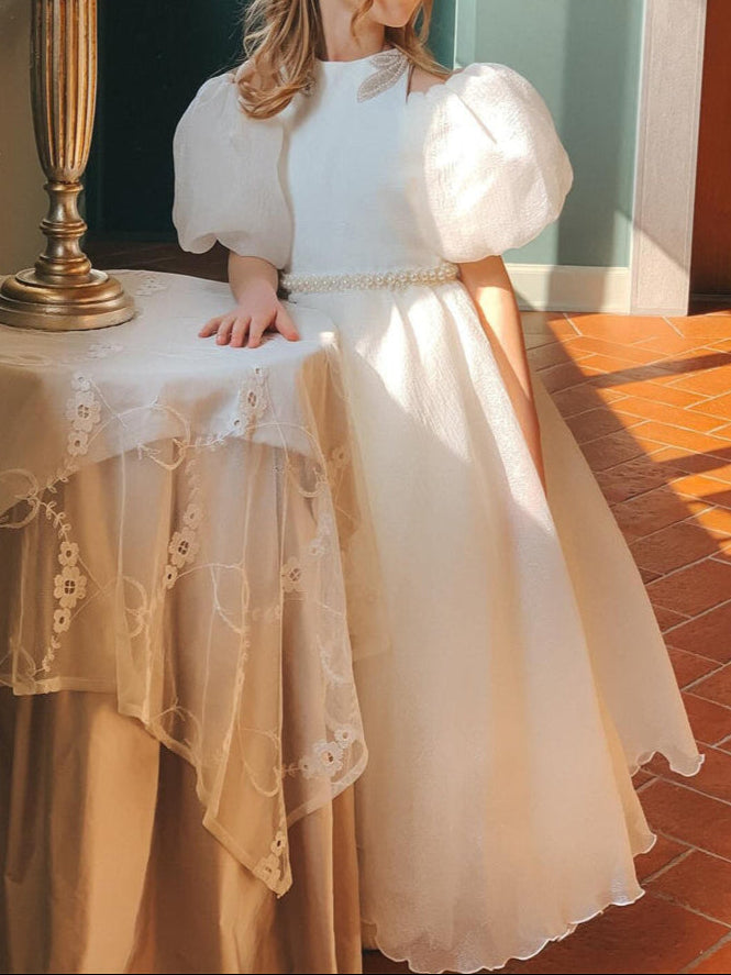 Ball-Gown Jewel Neck Puff Sleeves Floor-Length Pleated Flower Girl Dresses with Pearls