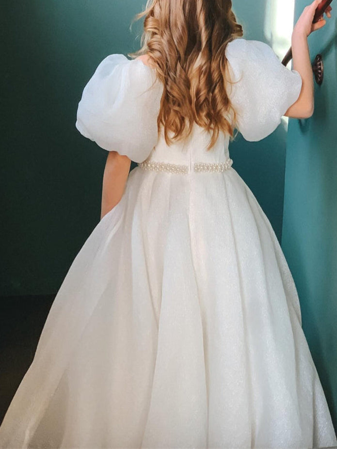 Ball-Gown Jewel Neck Puff Sleeves Floor-Length Pleated Flower Girl Dresses with Pearls