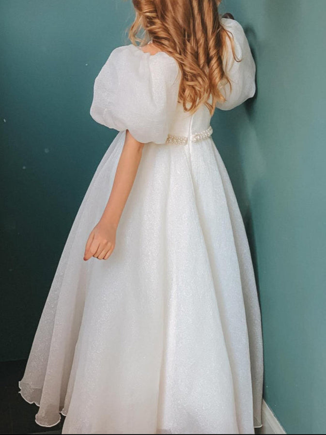 Ball-Gown Jewel Neck Puff Sleeves Floor-Length Pleated Flower Girl Dresses with Pearls