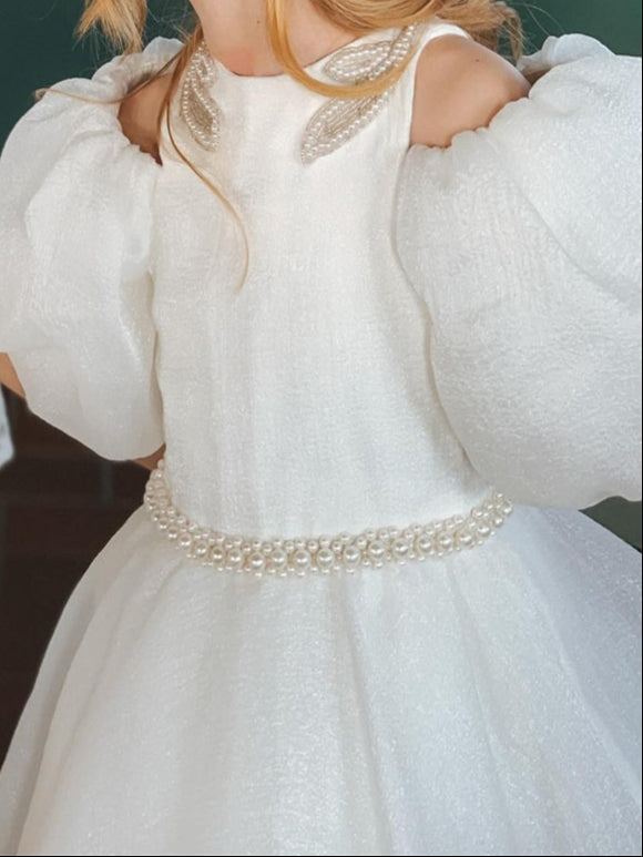 Ball-Gown Jewel Neck Puff Sleeves Floor-Length Pleated Flower Girl Dresses with Pearls