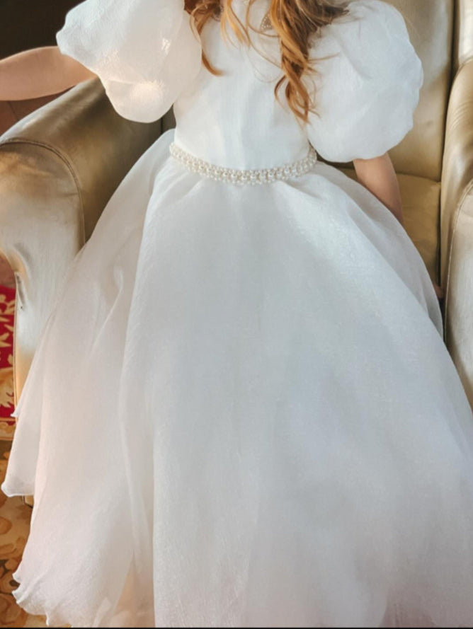 Ball-Gown Jewel Neck Puff Sleeves Floor-Length Pleated Flower Girl Dresses with Pearls