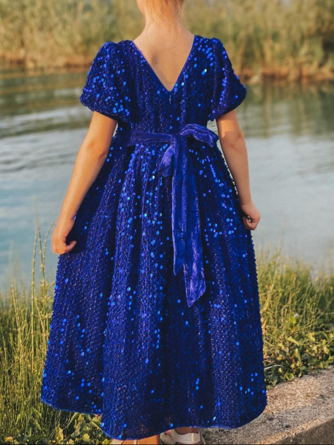 A-Line/Princess V-Neck Short Sleeves Ankle-Length Pleated Birthday Girl Dresses with Sequins & Bow Self-tie