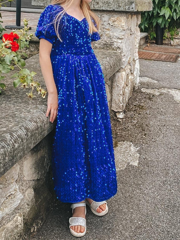 A-Line/Princess V-Neck Short Sleeves Ankle-Length Pleated Birthday Girl Dresses with Sequins & Bow Self-tie