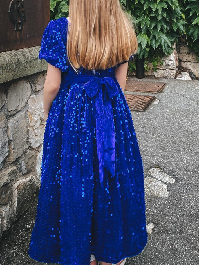 A-Line/Princess V-Neck Short Sleeves Ankle-Length Pleated Birthday Girl Dresses with Sequins & Bow Self-tie