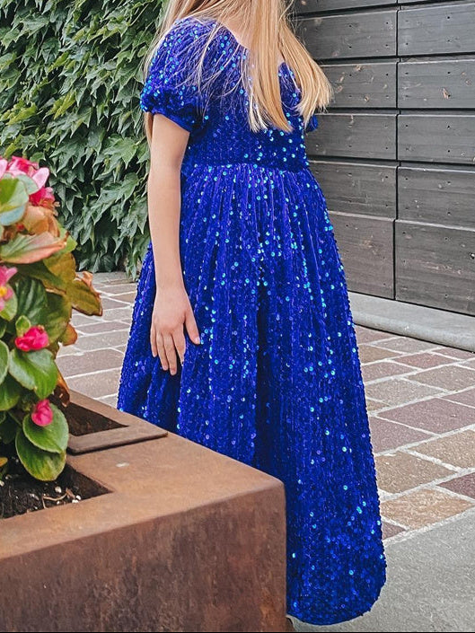 A-Line/Princess V-Neck Short Sleeves Ankle-Length Pleated Birthday Girl Dresses with Sequins & Bow Self-tie