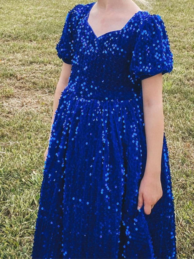 A-Line/Princess V-Neck Short Sleeves Ankle-Length Pleated Birthday Girl Dresses with Sequins & Bow Self-tie