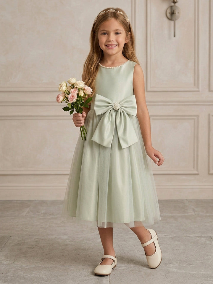A-Line/Princess Scoop Flower Girl Dresses with Bowknot Tulle Tea Length Sleeveless