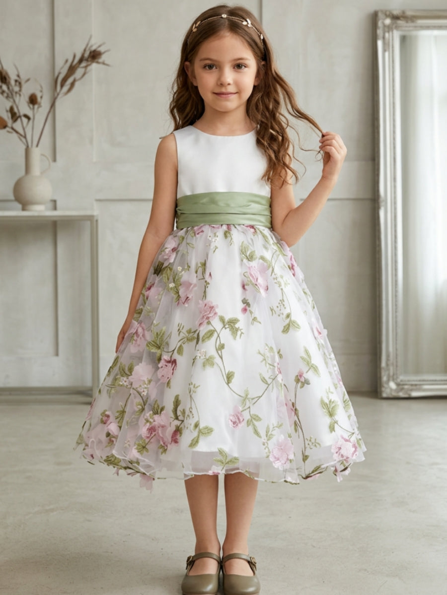 A-Line/Princess Scoop Flower Girl Dresses with Bowknot Floral Tulle Tea Length Sleeveless