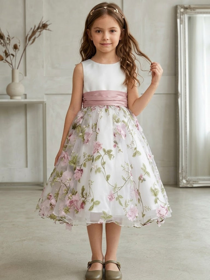 A-Line/Princess Scoop Flower Girl Dresses with Bowknot Floral Tulle Tea Length Sleeveless