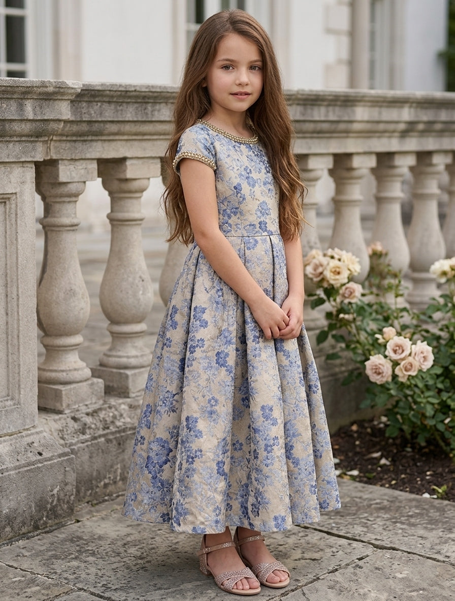 A-Line/Princess Scoop Short Sleeves Ankle-Length Flower Girl Dresses Jacquard Floral