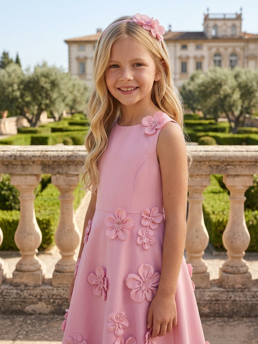 A-Line/Princess Scoop Sleeveless Ankle-Length Flower Girl Dresses Stretch Satin With 3D Flowers