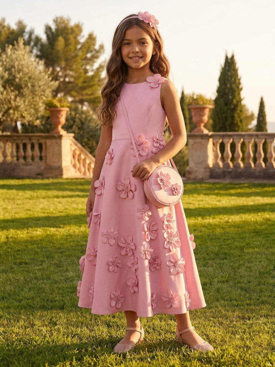 A-Line/Princess Scoop Sleeveless Ankle-Length Flower Girl Dresses Stretch Satin With 3D Flowers