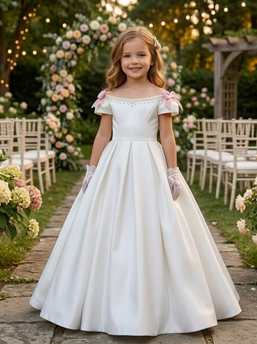 A-Line/Princess Off-the-Shoulder Sleeveless Floor-Length Flower Girl Dresses Satin With Bowknots
