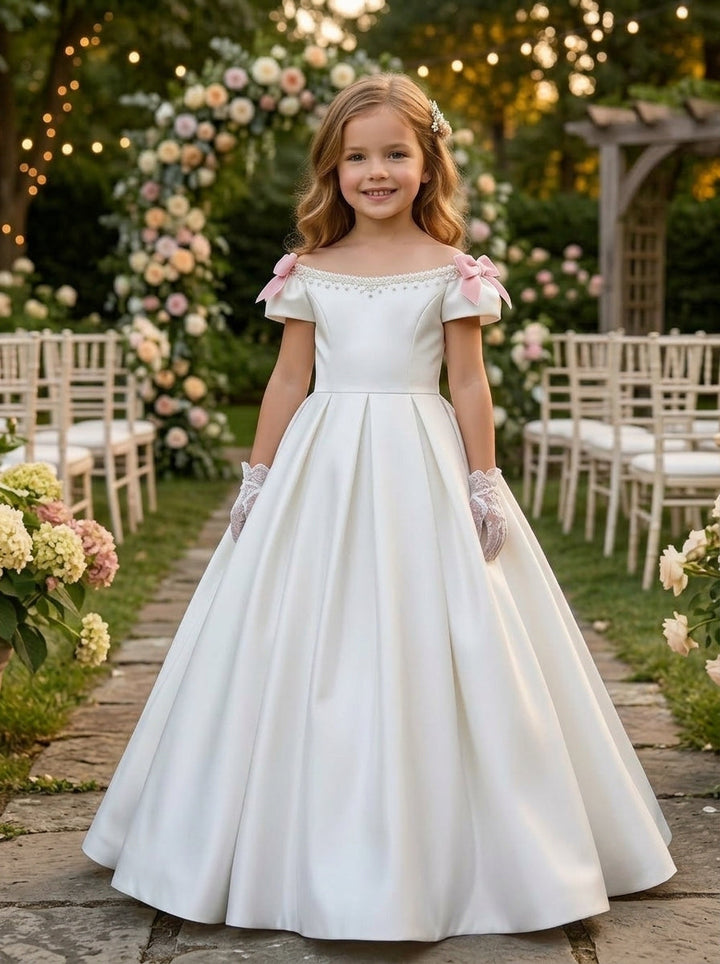 A-Line/Princess Off-the-Shoulder Sleeveless Floor-Length Flower Girl Dresses Satin With Bowknots