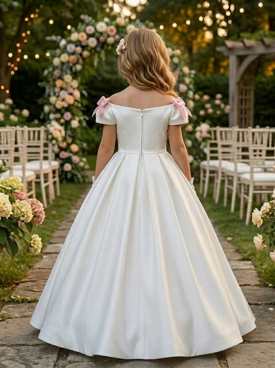 A-Line/Princess Off-the-Shoulder Sleeveless Floor-Length Flower Girl Dresses Satin With Bowknots