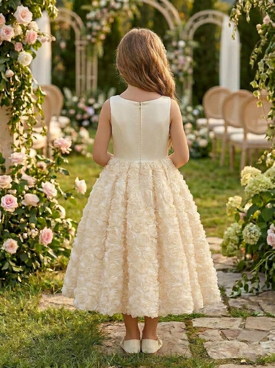 A-Line/Princess Square Neckline Sleeveless Ankle-Length Flower Girl Dresses Stretch Satin Floral With Bowknots
