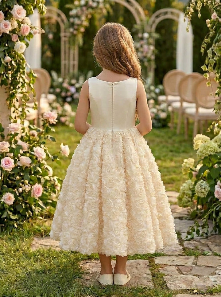 A-Line/Princess Square Neckline Sleeveless Ankle-Length Flower Girl Dresses Stretch Satin Floral With Bowknots