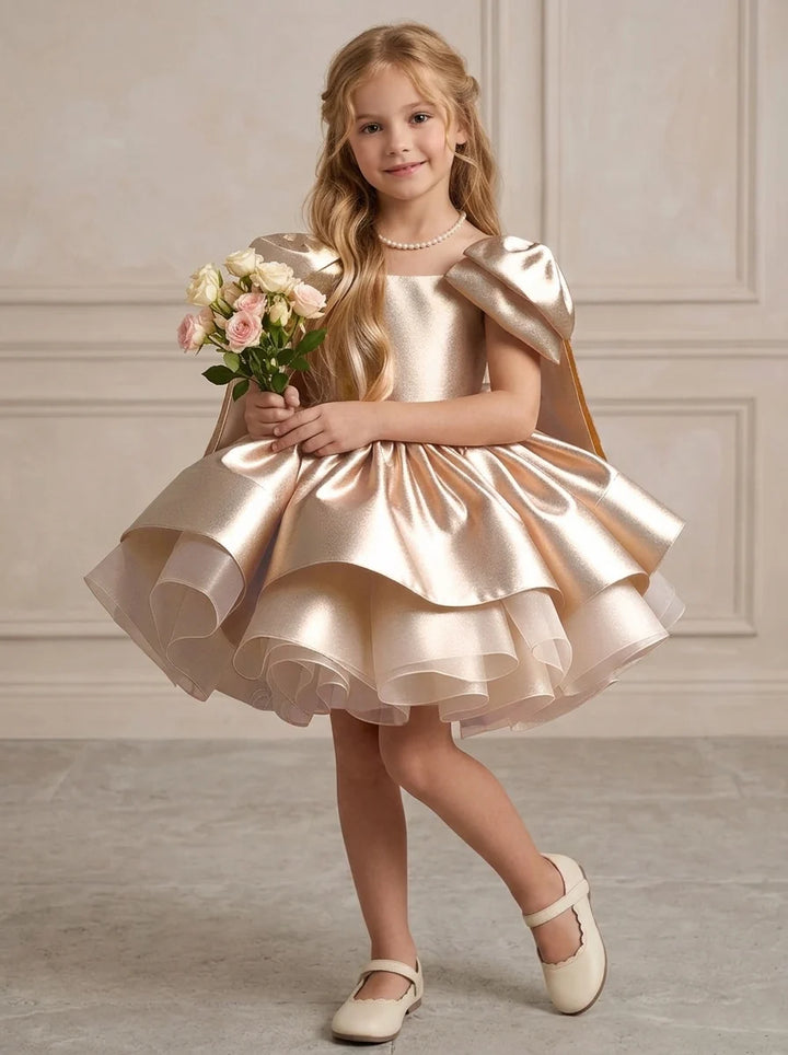 Ball Gown Scoop Bowknot Straps Silk Satin Flower Girl Dresses Short/Mini