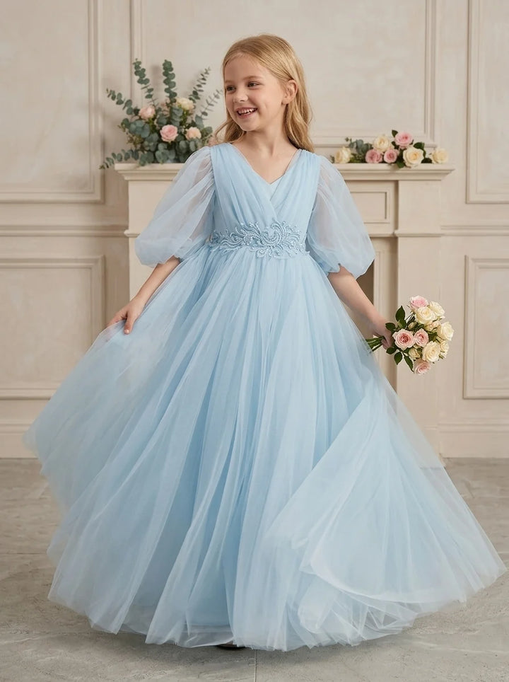 A-Line/Princess V-Neck Half Sleeves Floor-Length Flower Girl Dresses with Bowknot