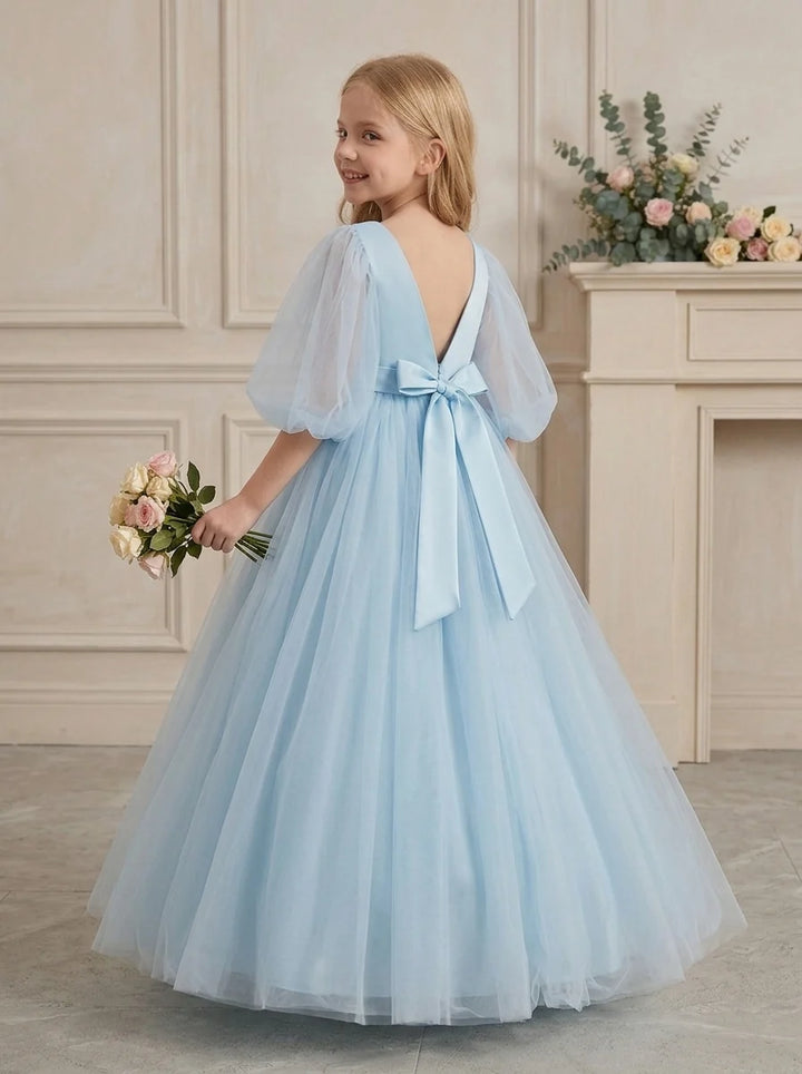 A-Line/Princess V-Neck Half Sleeves Floor-Length Flower Girl Dresses with Bowknot