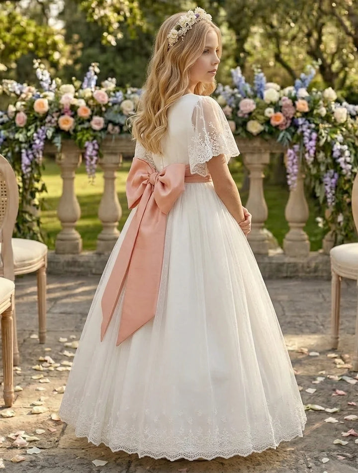A-Line/Princess Scoop Tulle Flower Girl Dresses with Bowknot Short Sleeves Floor Length Lace
