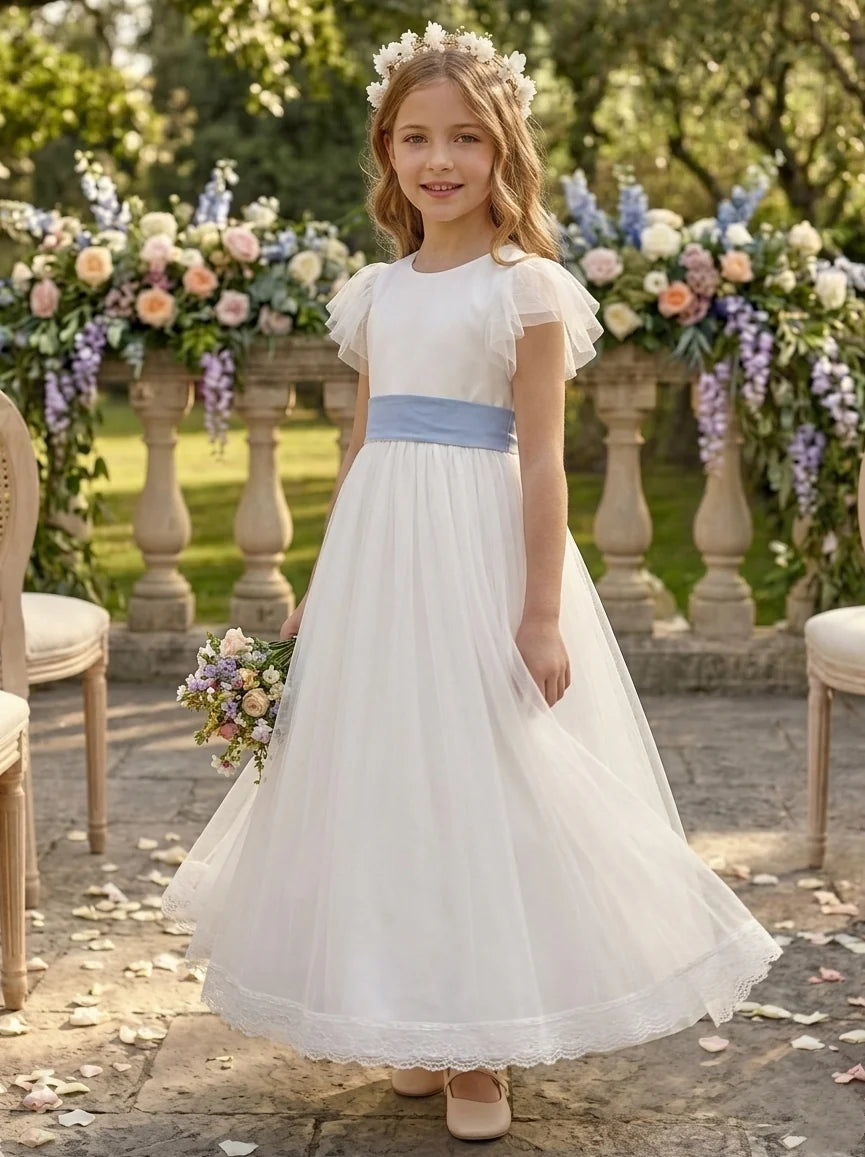 A-Line/Princess Scoop Tulle Flower Girl Dresses with Bowknot Puff Sleeves Ankle Length Lace