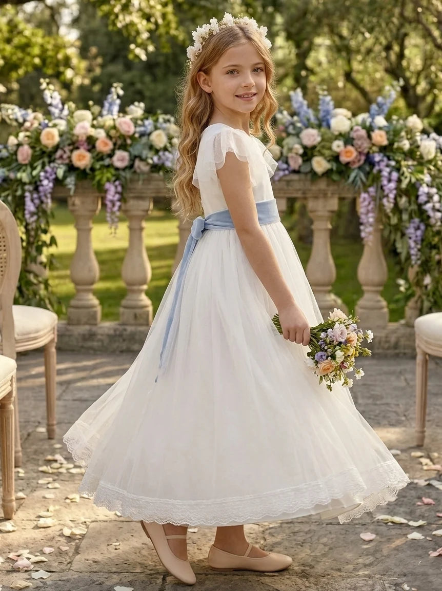 A-Line/Princess Scoop Tulle Flower Girl Dresses with Bowknot Puff Sleeves Ankle Length Lace