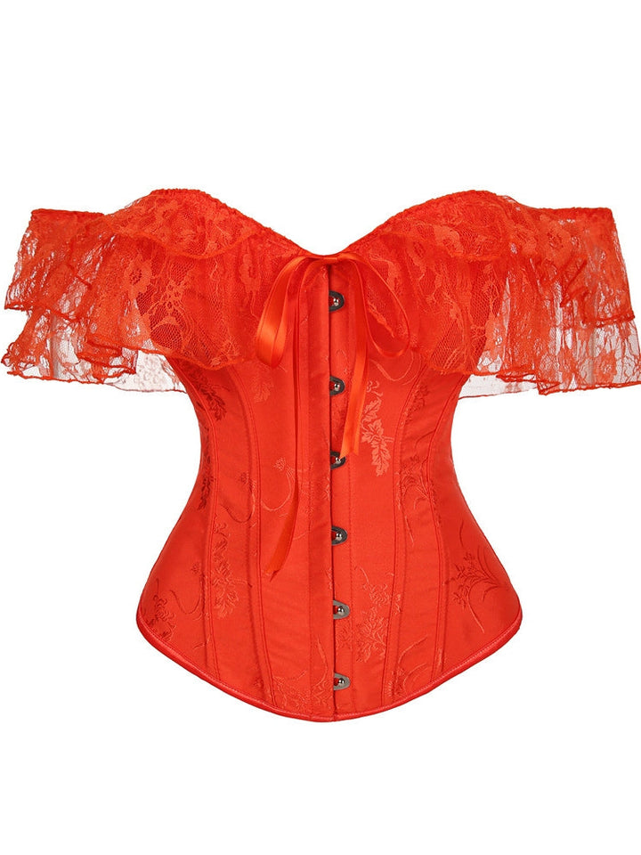 Women's Ruffled Lace Corset Off-the-Shoulder Boned Bustier Crop Top