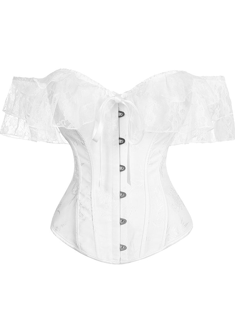 Women's Ruffled Lace Corset Off-the-Shoulder Boned Bustier Crop Top