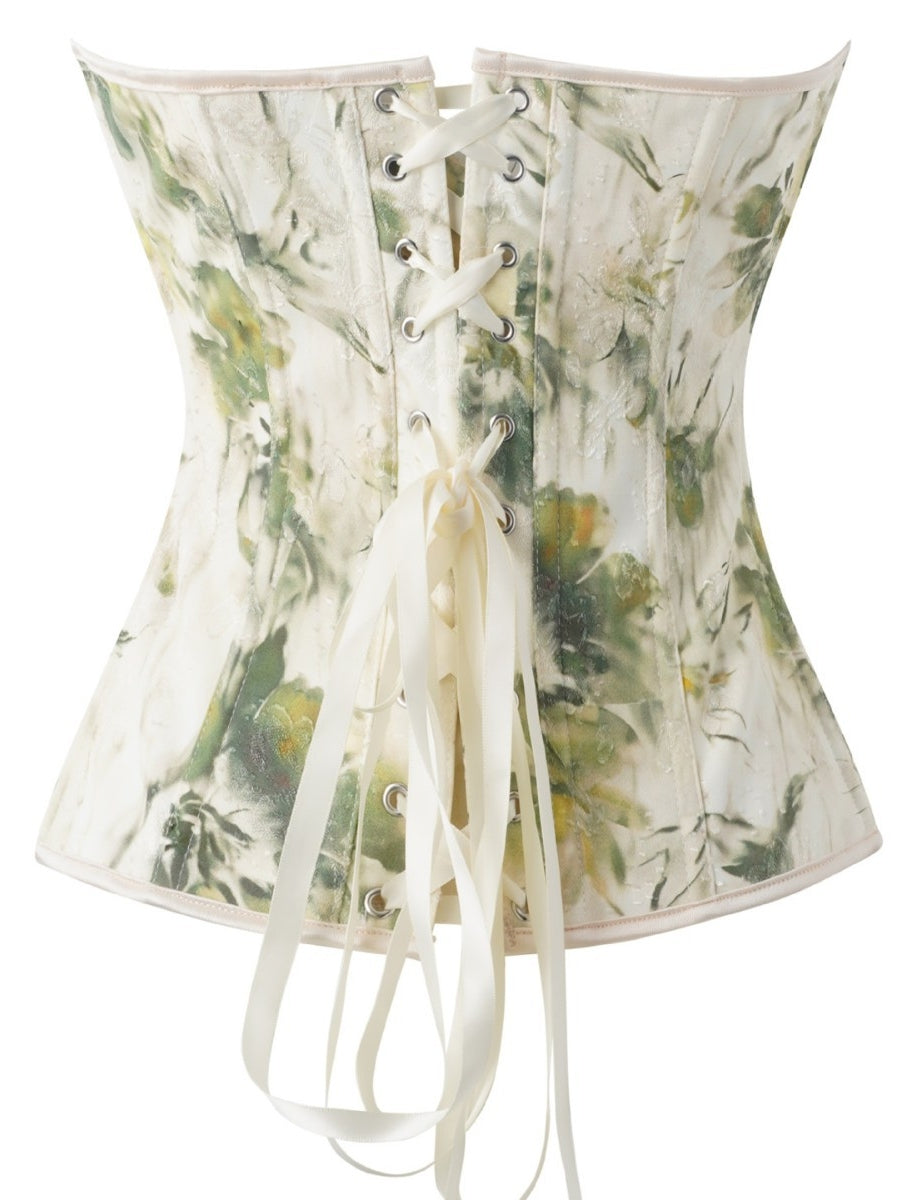 Women's Light Green Floral Corset Strapless Jacquard Bustier with Front Lacing