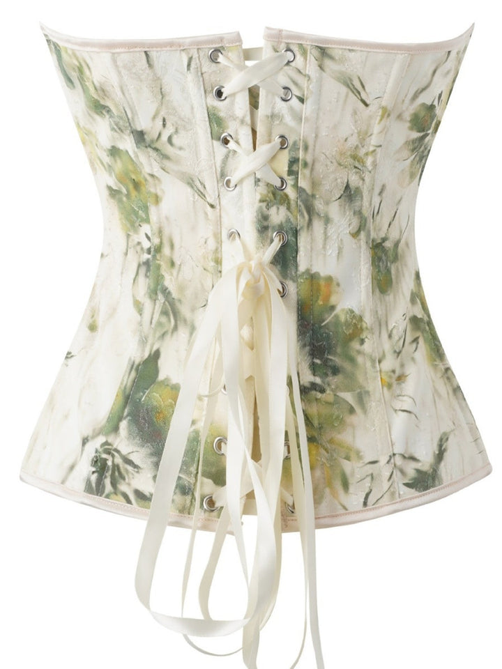 Women's Light Green Floral Corset Strapless Jacquard Bustier with Front Lacing