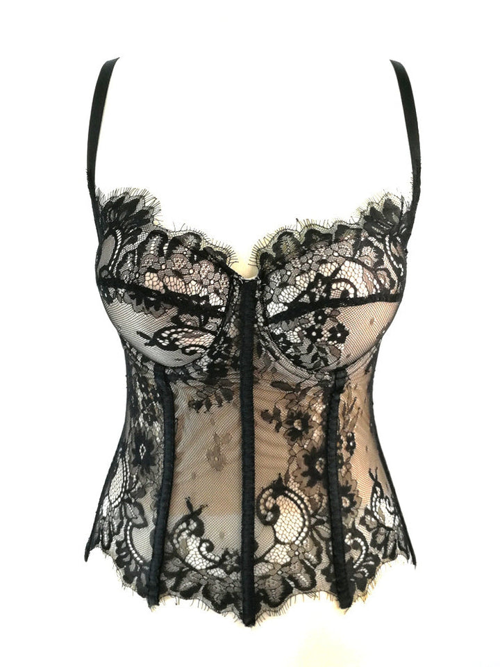 Women's Black Sheer Lace Corset Top Sweetheart Neckline Boned Bustier with Spaghetti Straps