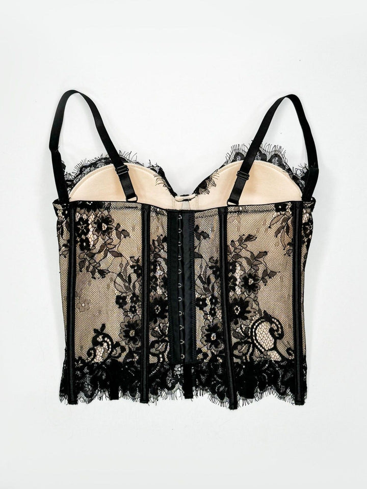 Women's Black Sheer Lace Corset Top Sweetheart Neckline Boned Bustier with Spaghetti Straps