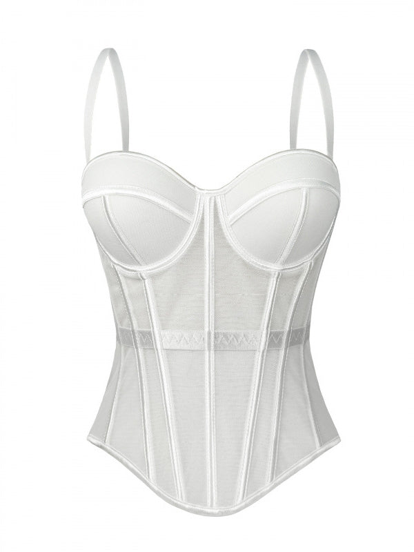 Women's Mesh Corset Sweetheart Neck Boned Bustier with Straps