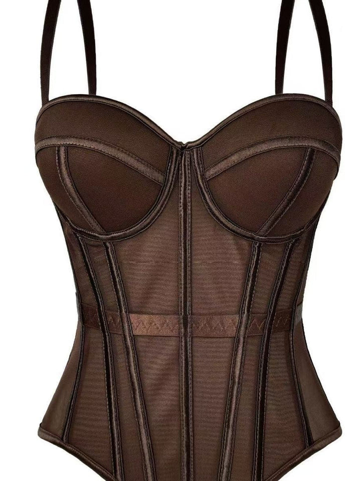 Women's Mesh Corset Sweetheart Neck Boned Bustier with Straps