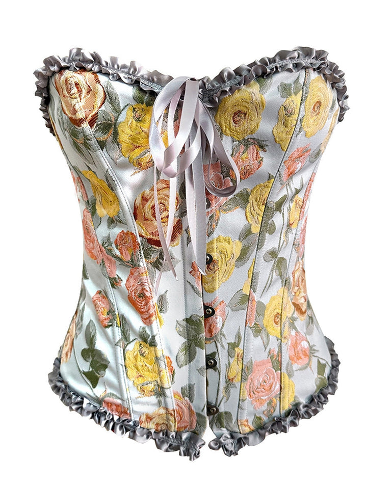 Women's Floral Corset, Strapless Boned Bustier with grey Ruffle Edges & Front Bow